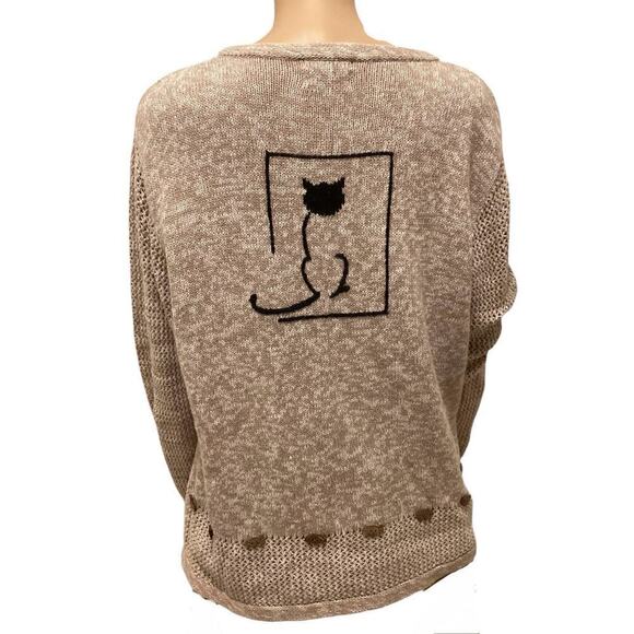 Vntg Christoper & Banks Hand embroidered  Cat embelish knit crewneck sweater L - Picture 2 of 5